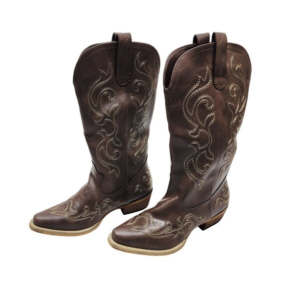Western Cowboy Brown Leather Boots Womens 7.5 Rollda Embroidered Stacked Heel - Picture 6 of 12